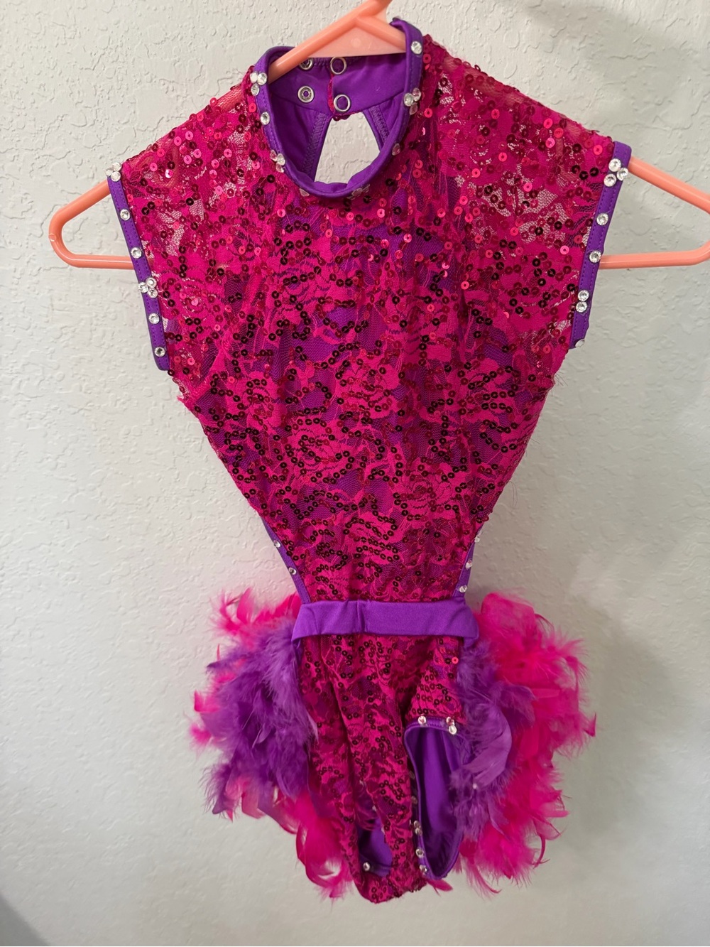 Girls Pink Purple Sequin Dance Costume with Feather Trim